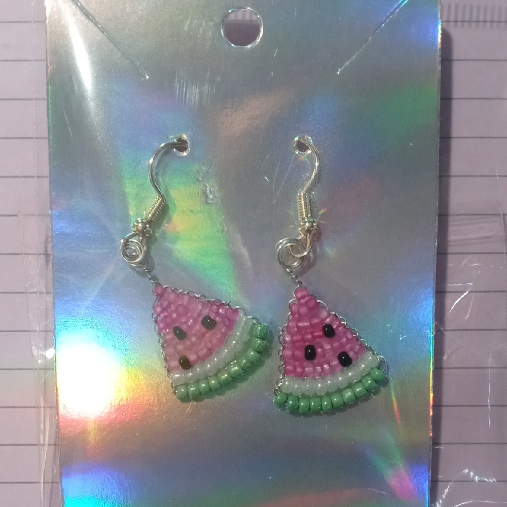 Pink and Green Watermelon Beaded Earrings